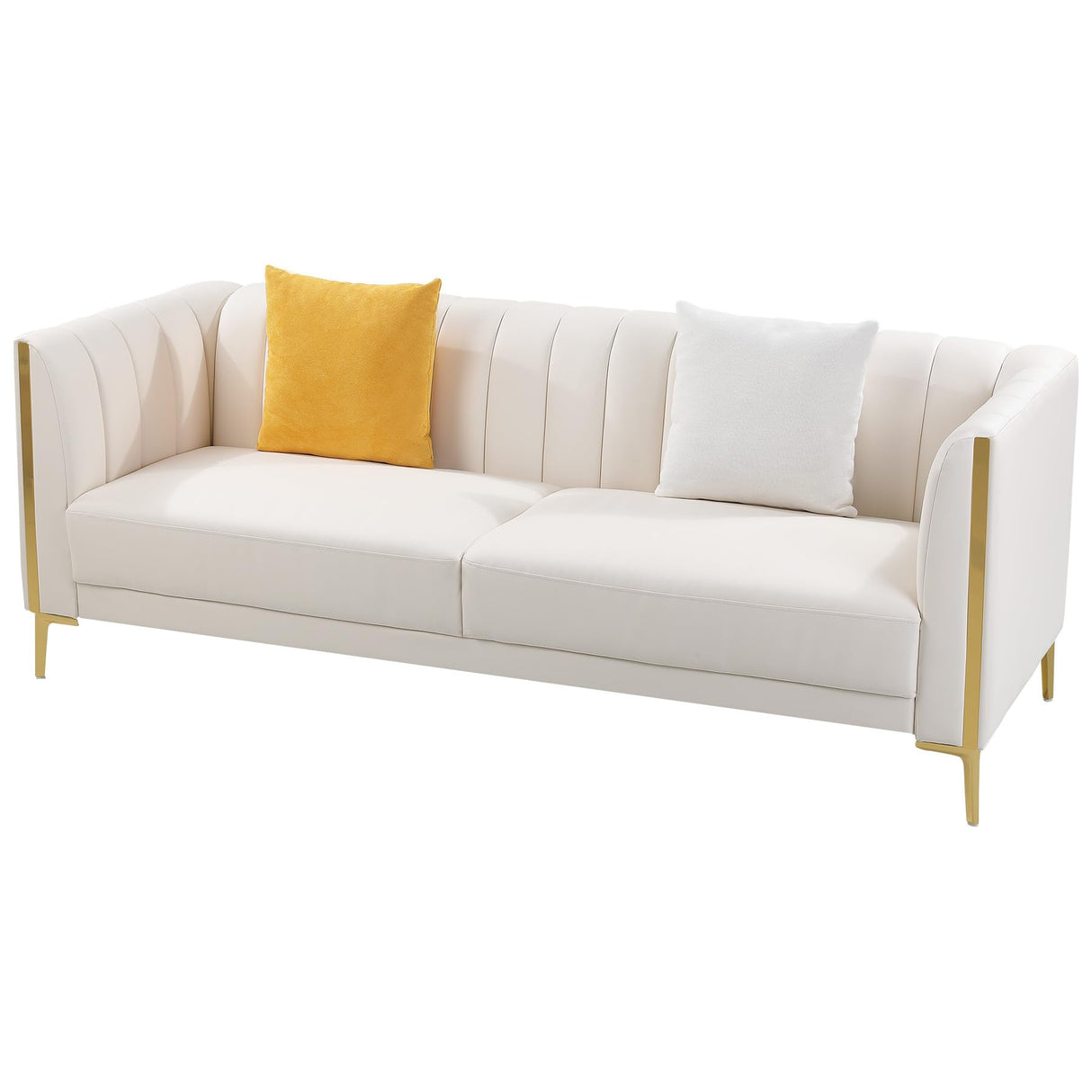 FOTOSOK 78'' Sofa, Modern White Couches for Living Room with 2 Throw Pillows, Comfy Faux Leather Sofa 3 Seater Sofa with Gold Metal Legs, Cloud Sofa Couch Deep Seat Sofas (Cream White) FOTOSOK