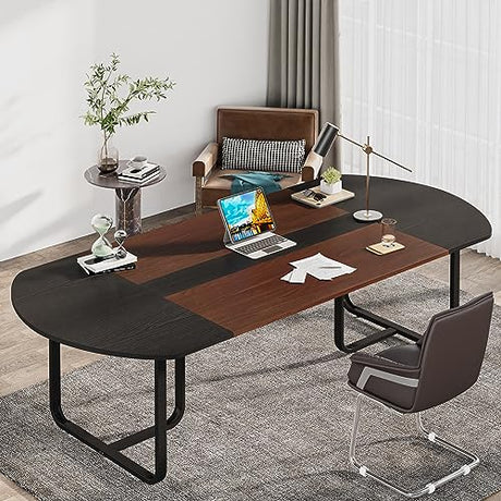 Tribesigns 70.86'' Modern Oval Executive Computer Desk with Two-Tone Finish Splicing Board, Large Double Desk for Workstation, Curved Home Office Desks for 2 Person (Walnut+Black) Tribesigns
