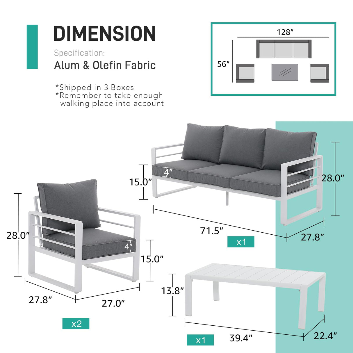 Patiorama Aluminum Patio Furniture Set, 4 PCS Modern Patio Conversation Set, All Weather White Outdoor Sectional Sofa Set w/Coffee Table, 3-Seater Sofa, Superior Olefin Cushion, Garden-Grey Cushion Patiorama
