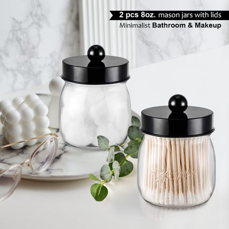 Farmhouse Decor Apothecary Jar Set,Mason Jar Bathroom Vanity Storage Organizer Canister - Qtip Holder Plastic Acrylic Jar for Cotton Swabs,Cotton Pads,Floss Picks,Paper Clips,Hair Clips(6 Pack,Black) SheeChung