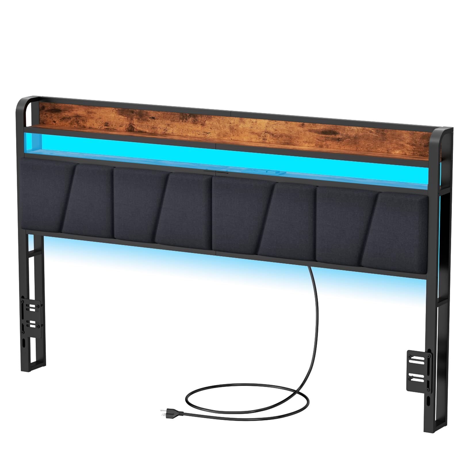 Furnulem King Size Headboard with Charging Station, USB Ports, and Adjustable RGB LED Light - WoodArtSupply