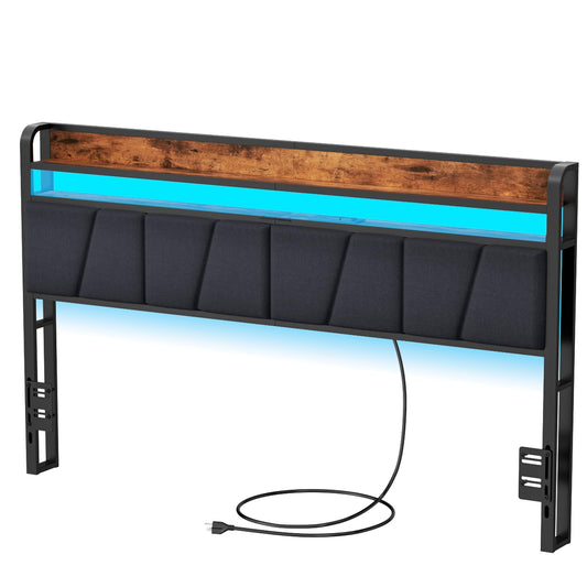 Furnulem King Size Headboard with Charging Station, USB Ports, and Adjustable RGB LED Light - WoodArtSupply