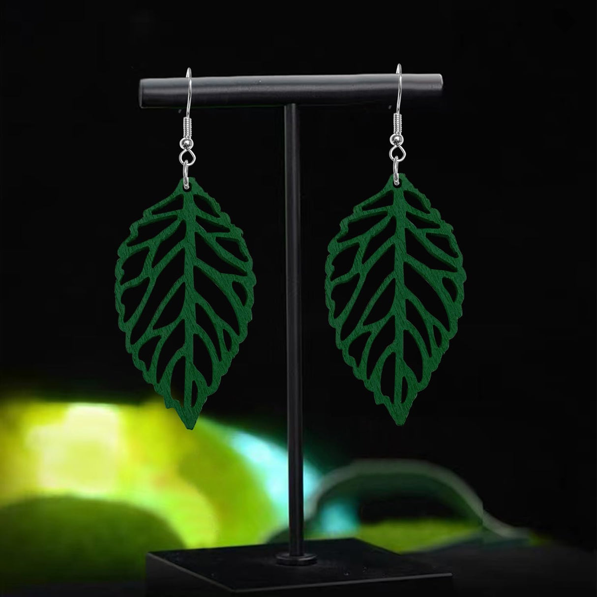 Handmade Bohemian Natural Wooden Leaf Dangle Drop Earrings Lightweight Vintage Hollow Feather Hook Earrings for Women Statement Boho Jewelry Gifts (Dark Green) SLSF