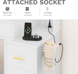 DWVO Vanity Desk with Large Mirror and LED Lights, Makeup Vanity Table Set with Power Outlets, Comfy Stool & Storage Drawers, Shelves and Cabinets, 3 Lighting Modes Makeup Table, Dressing Room, White DWVO