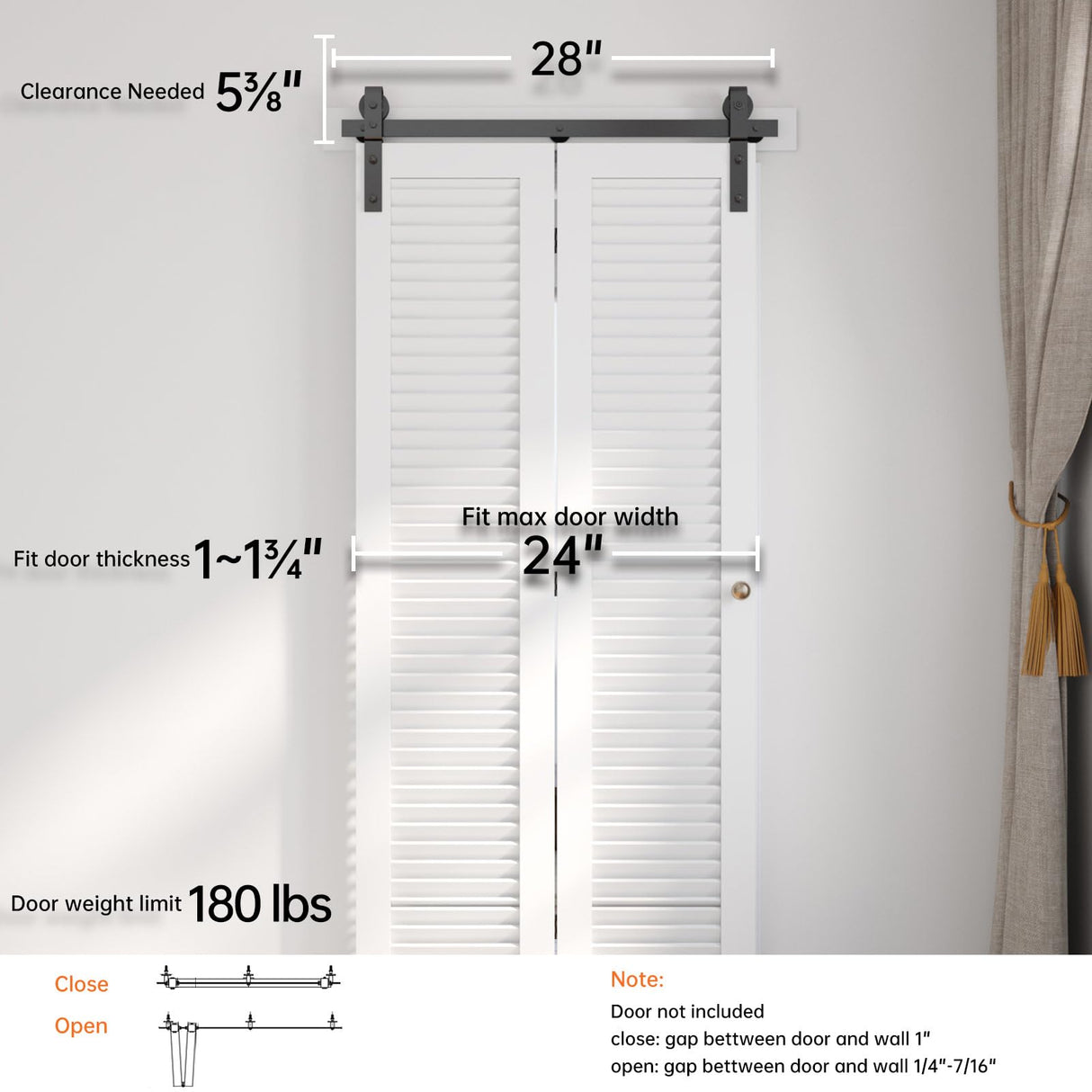 EaseLife 24" Bi-folding Sliding Barn Door Hardware Track Kit for 2 Closet Door,Side Mount,Heavy Duty,Slide Smoothly Quietly,Easy Install,Black,No Door (Track Length 28" for Double 12" Wide Door) EaseLife