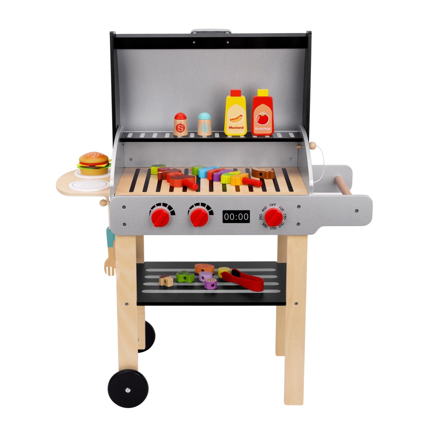 OOOK Wooden Play Barbecue Toy Grill, Kids Grill Playset with Play Food and Grilling Tools, Play Kitchen Accessories for Toddlers Boys Girls Age 3+ - WoodArtSupply