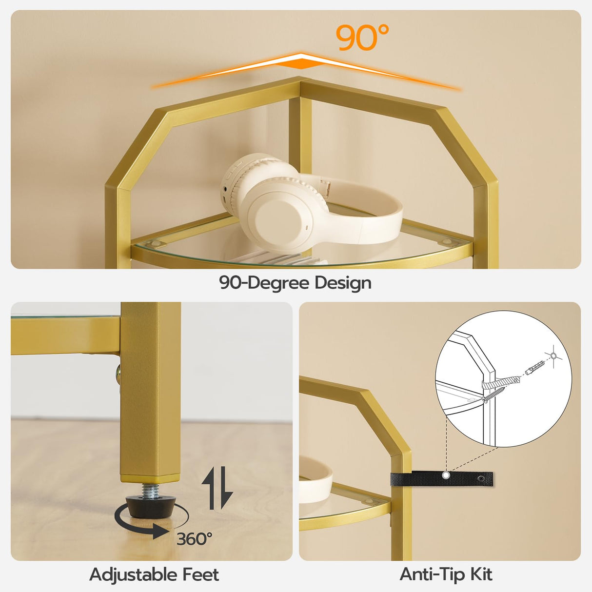 HOOBRO 5-Tier Corner Shelf Stand, Gold Corner Bookshelf, Tempered Glass Shelves, Bathroom Organizer, Corner Plant Stand, for Living Room, Study, Balcony, Home Office, Modern Style, Gold GD15CJ01 HOOBRO