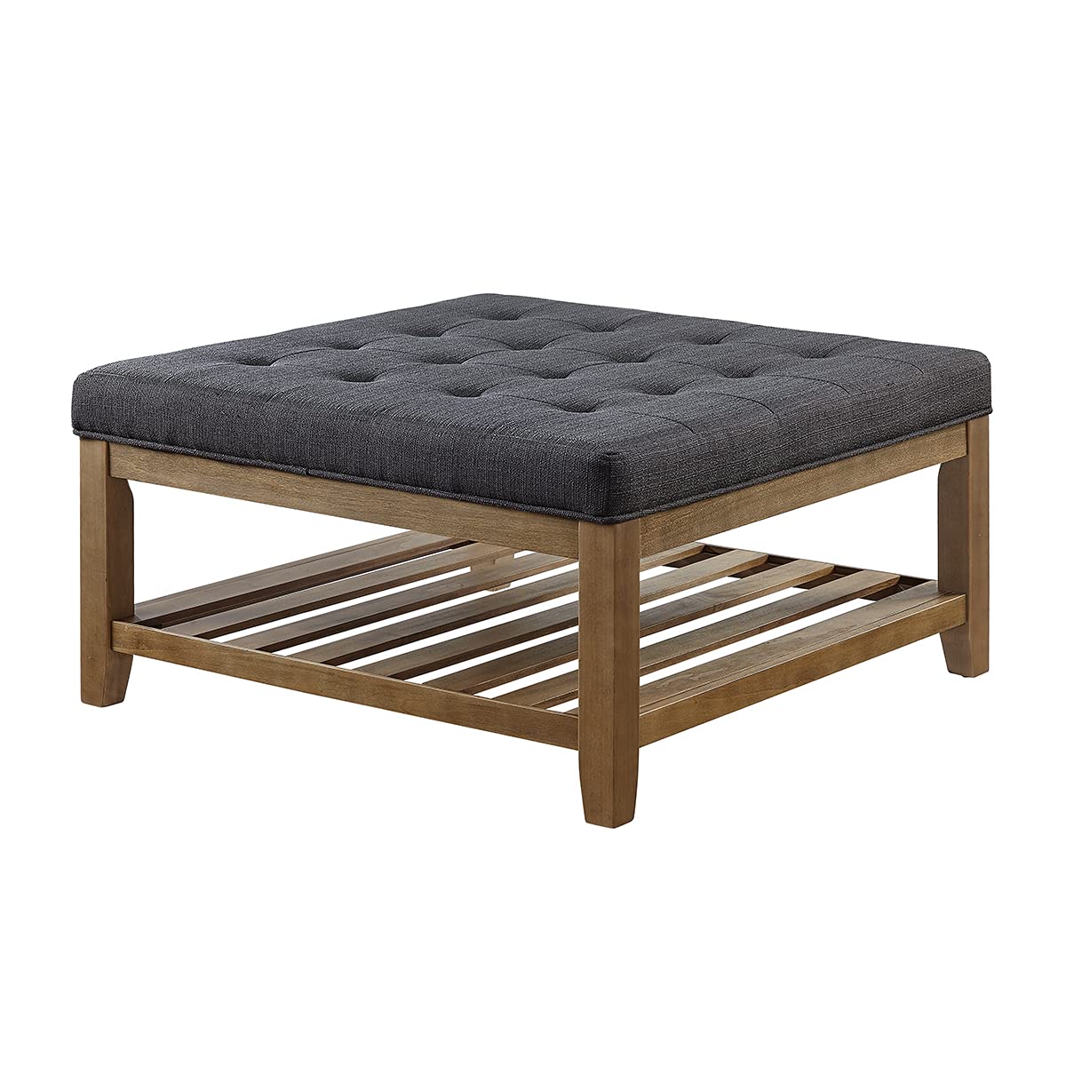 24KF Large Square Upholstered Tufted Linen Ottoman Coffee Table, Large Footrest Ottoman with Solid Wood Shelf- Charcoal