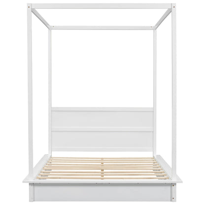 Merax Full Size Canopy Bed White Wooden Platform Bed with LED and Support Slats, No Box Spring Needed