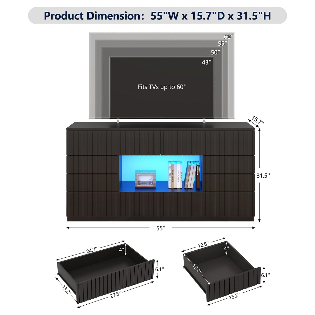 CSZZD 8 Drawer TV Stand for Bedroom, 55" Black Dresser with LED Lights & Open Storage, Modern Long Chest of Drawers for Closet, LED Drawer Organizer Cabinet for Bedroom, Living Room CSZZD