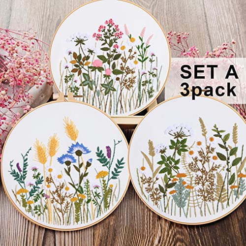 Lukinbox 3 Sets Embroidery Kit for Beginners, Fabric Cross Stitch Kits for Adults, DIY Embroidery Starter Kits with Floral Flower Patterns, Embroidery Hoops, Clothes, Threads and Needles
