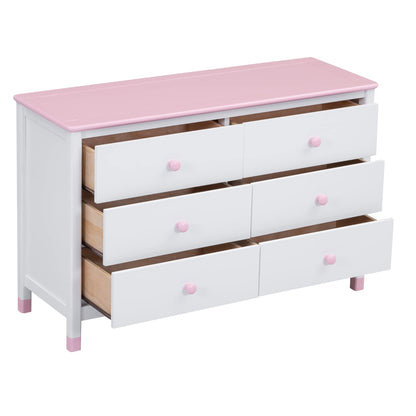 Harper & Bright Designs Wooden 6 Drawers Dresser, Modern Storage Cabinet with 6 Drawers, Cute Chest of Drawers with Round Handles for Girls Boys Kids' Room Bedroom,Hallway, Entryway,White+Pin - WoodArtSupply