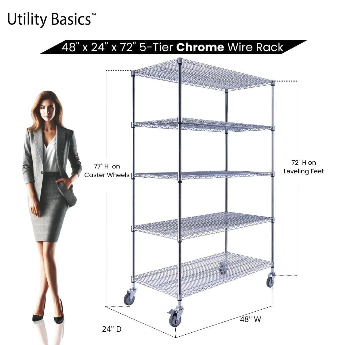 Utility Basics 48"x24"x72" Chrome 5-Tier PREMIUM Wire Shelving NSF 4000 LBS MAX CAPACITY Heavy Duty Steel Storage Rack for Warehouses, Garages, Hospitals, Commercial Spaces, & Schools w/PREMIUM WHEELS Utility Basics
