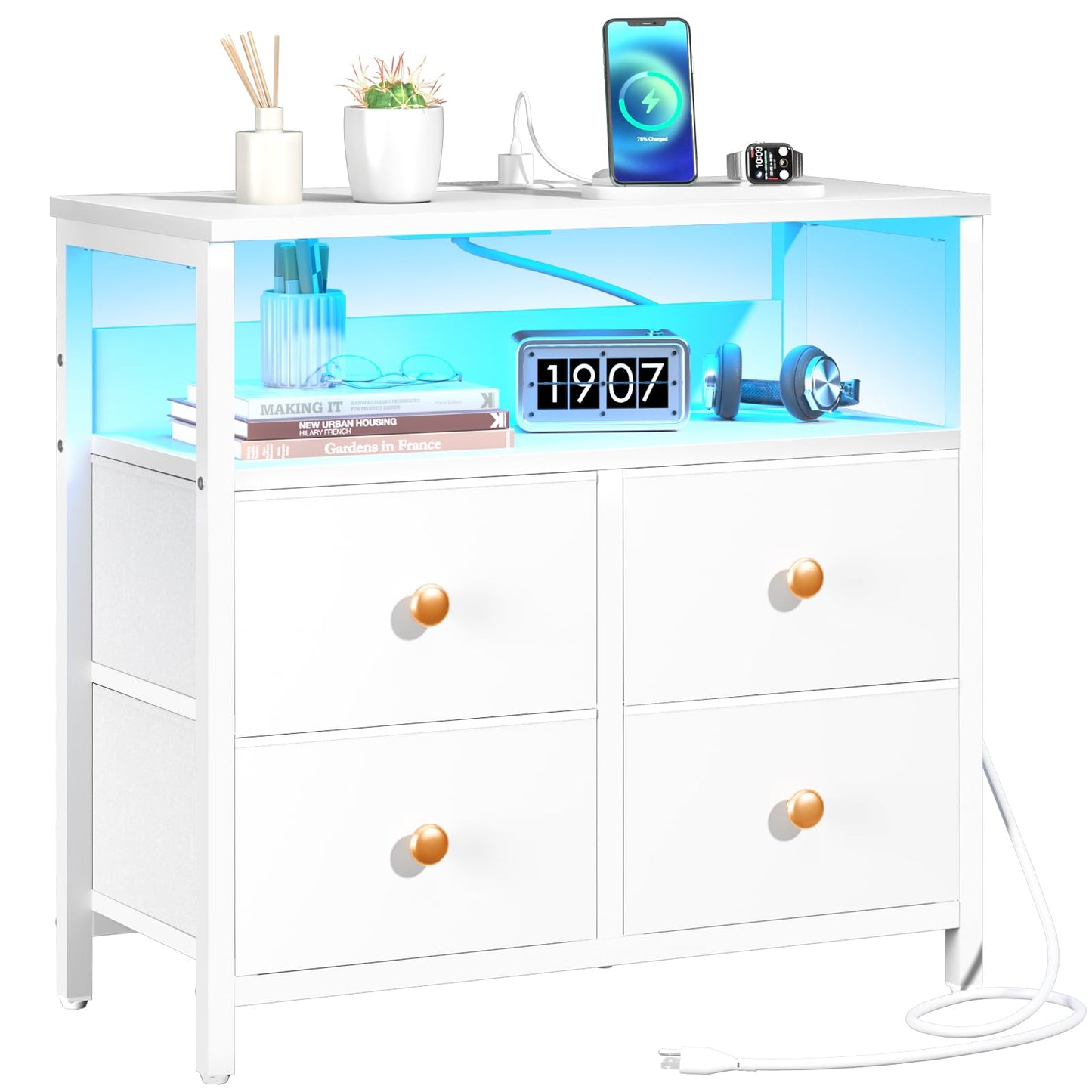 Yoobure Night Stand with Charge Station, Nightstand with 4 Drawers Bedside Table, LED Dresser with Storage Shelf, Night Stands for Bedroom, Side Table 3-Tier Wood End Table for Home, Office White