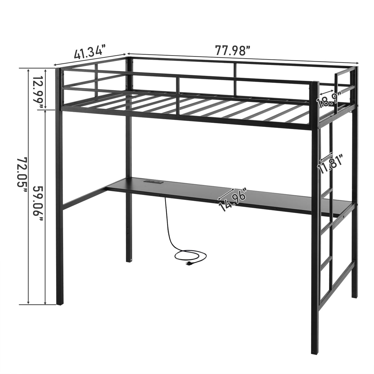 Karl home Twin Metal Loft Bed with Desk, with Power Outlet and LED Lighted, Safety Guardrail & Ladder, Space Saving, No Noise, No Box Spring Needed, Black Karl home