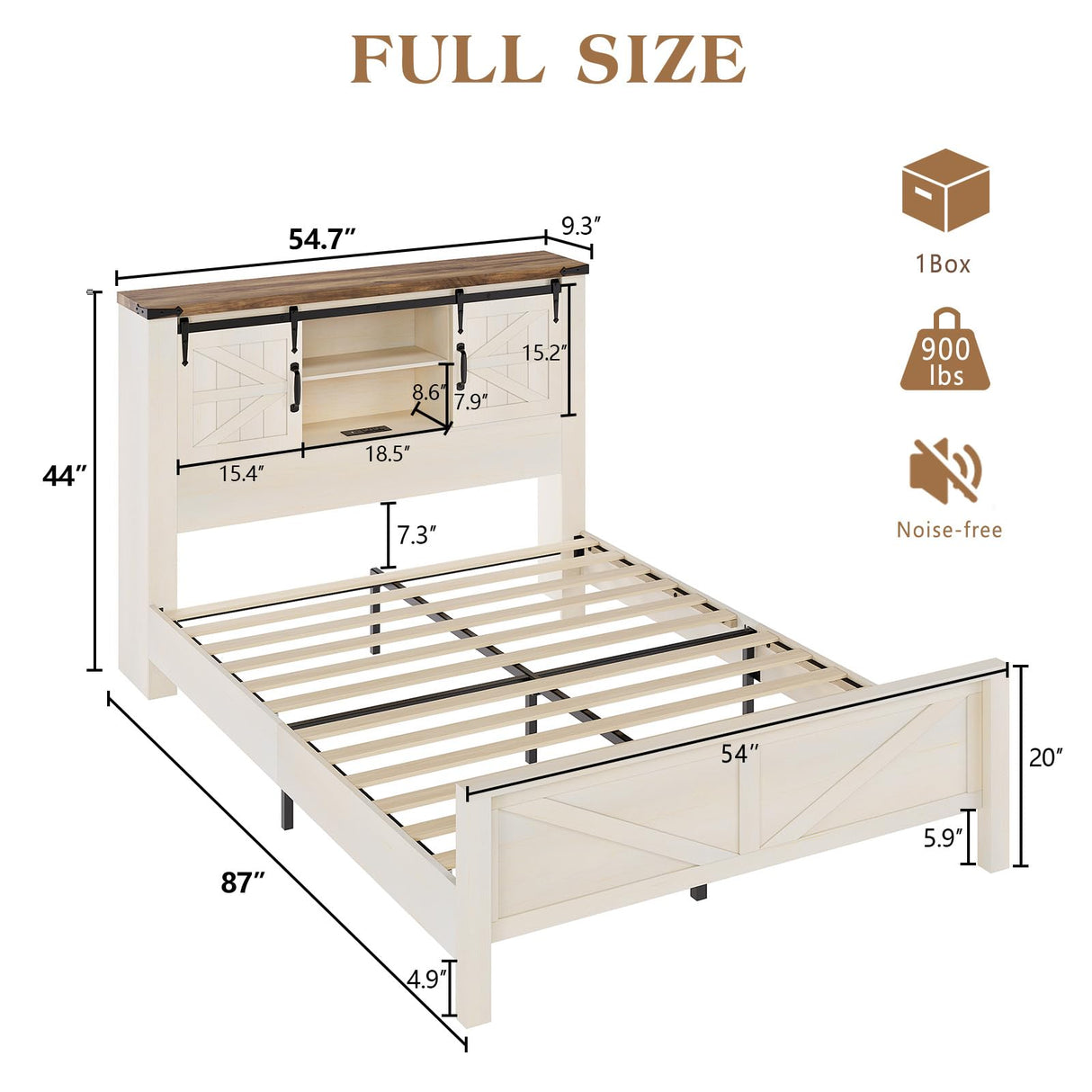 LUXOAK Farmhouse Bed Frame with Sliding Barn Door Storage Headboard, Full Size Bookcase Bed with Charging Station & Adjustable Shelf, No Box Spring Needed, Antique White LUXOAK