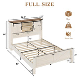 LUXOAK Farmhouse Bed Frame with Sliding Barn Door Storage Headboard, Full Size Bookcase Bed with Charging Station & Adjustable Shelf, No Box Spring Needed, Antique White LUXOAK