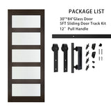 BARNSMITH 30in x 84in Glass Barn Door with 5FT Sliding Door Hardware Kit Included & Handle,5-Panel Frosted Glass Solid Wood Slab with Water-Proof PVC Surface,Pre-Drilled Easy Assembly,Brown BARNSMITH