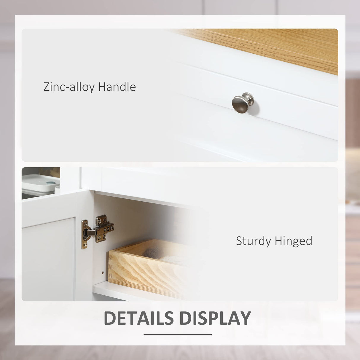 HOMCOM 47" Sideboard, Buffet Cabinet with Rubber Wood Top, Glass Door, Coffee Bar Cabinet, Kitchen Cabinet with Drawers, Adjustable Shelving for Living Room, White HOMCOM