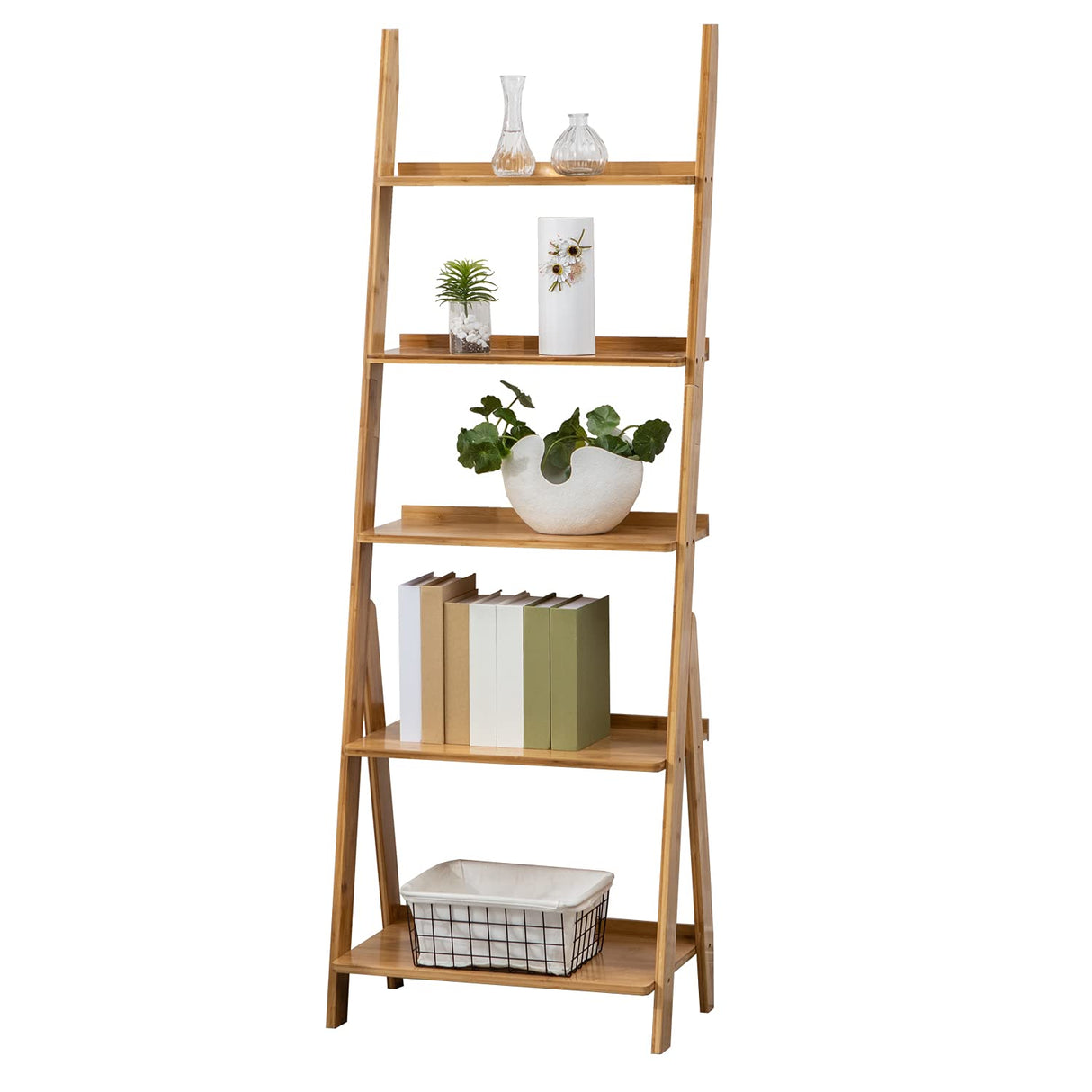 SOBIBO Ladder Shelf, 5-Tier Leaning Shelf, Free Standing Organizer Storage Shelves, Storage Rack Shelf for Office, Living Room, Nature SOBIBO