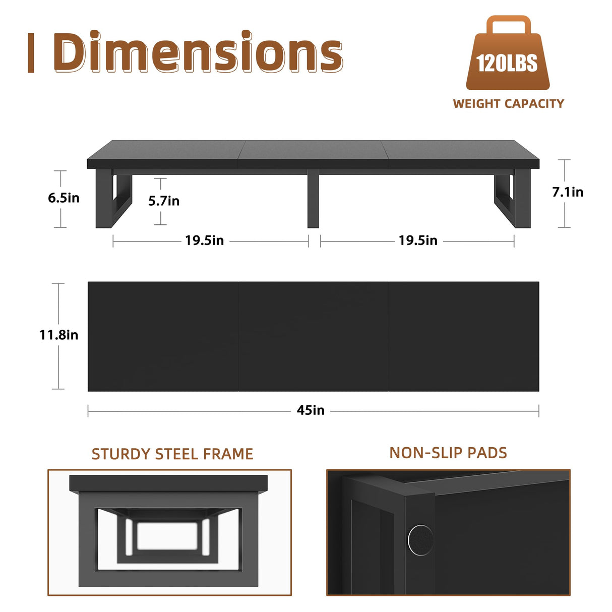 YAOHUOO 45" Large TV Riser for 32-60 inch TV, TV Riser Stand Shelf with Steel Legs, Tabletop TV Stand Riser for Home Office,Black YAOHUOO