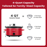KOOC 4 Quart Slow Cooker, Free Liners Included for Easy Clean-up, 3 Temperature Settings, Dishwasher Safe Crock, Stainless Steel, RED, Ellipse KOOC