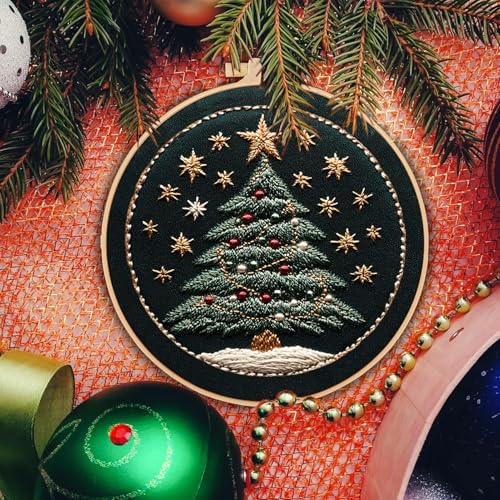 FONNUY Christmas Embroidery Kit for Beginners, Cross Stitch Set Winter Snow House Scene Pine Owl Pattern for Adults, Easy to Follow Color Thread Needlework, 8'' Hoop (Star Tree)