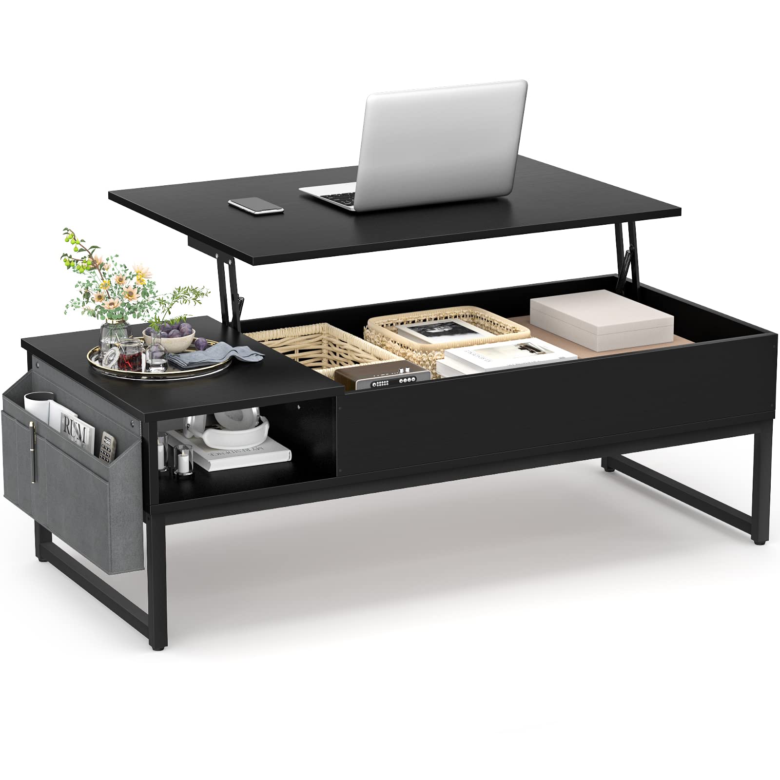 Aheaplus Lift Top Coffee Table with Storage, Wood Lifting Top Central Table Metal Frame, 43.3" Lift Tea Table with Side Pouch, Cocktail Table Modern Adjustable Table for Living Room, Black - WoodArtSupply