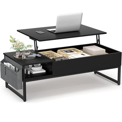 Aheaplus Lift Top Coffee Table with Storage, Wood Lifting Top Central Table Metal Frame, 43.3" Lift Tea Table with Side Pouch, Cocktail Table Modern Adjustable Table for Living Room, Black - WoodArtSupply