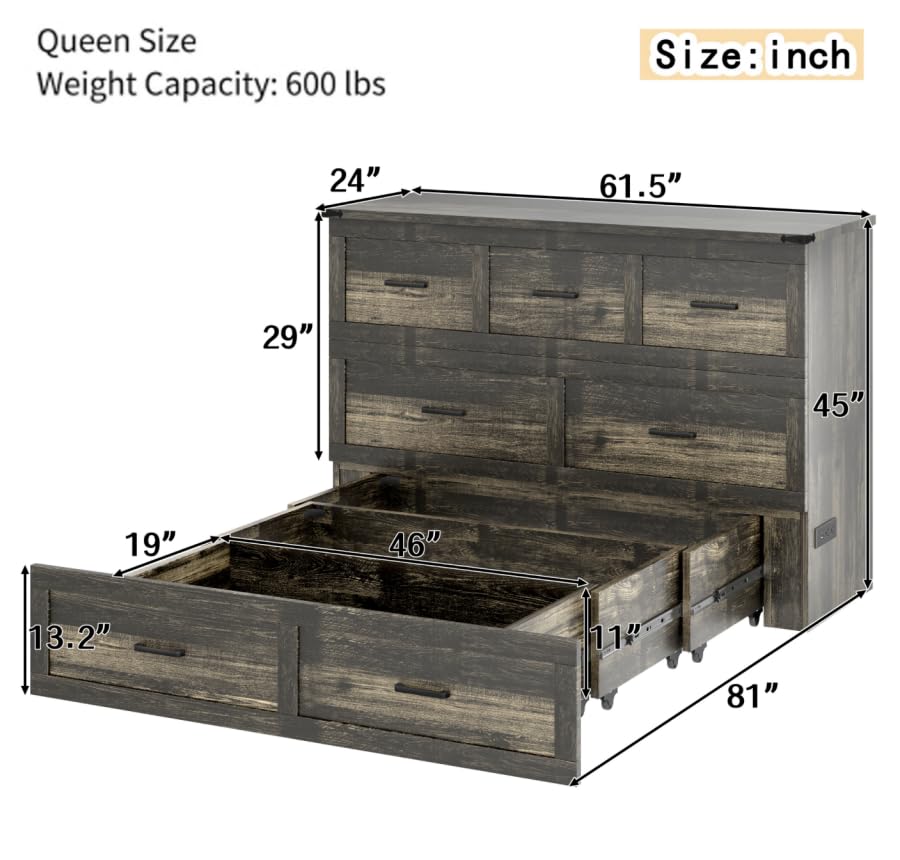 Bellemave Queen Murphy Bed, Cabinet Bed with Charging Station and 1 Large Storage Drawer, Farmhouse Murphy Cabinet with Foldable Panel, Noisy Free, for Guest Bedroom, Living Room, Rustic Gray Bellemave
