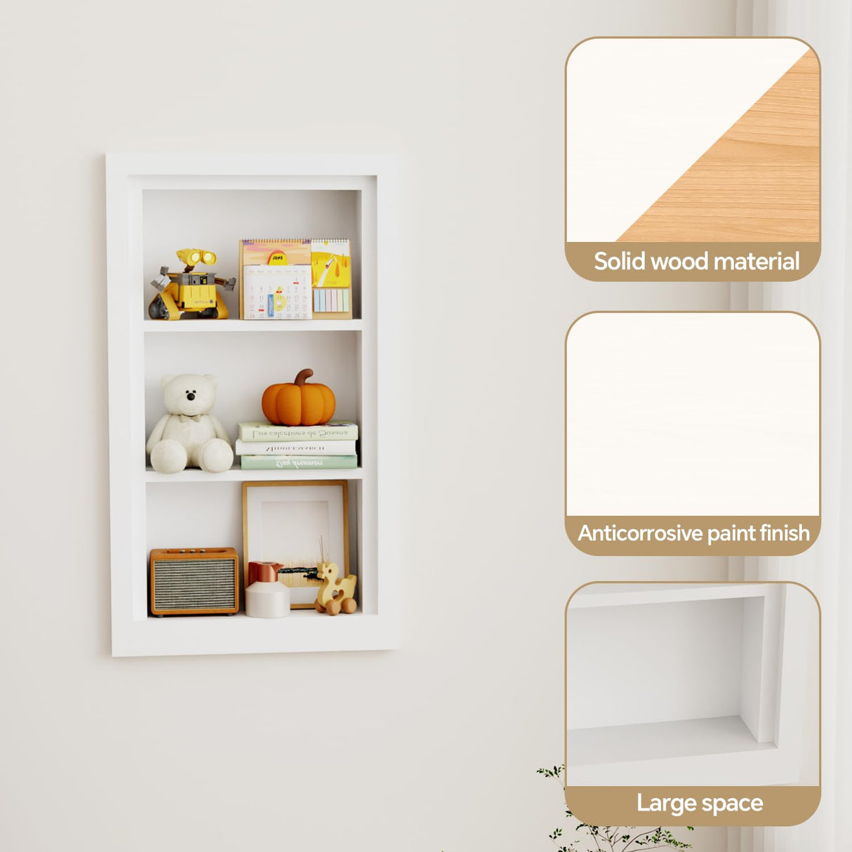 Solid Wood 14 X 24 Recessed Medicine Cabinet,3-Tier, Medicine Cabinet Organizer,Wall Niche, Bathroom Wall Cabinet, Recessed Bathroom Cabinet,recessed Wall Cabinet, Bathroom Cabinet With Storage, White BPMFDTNL