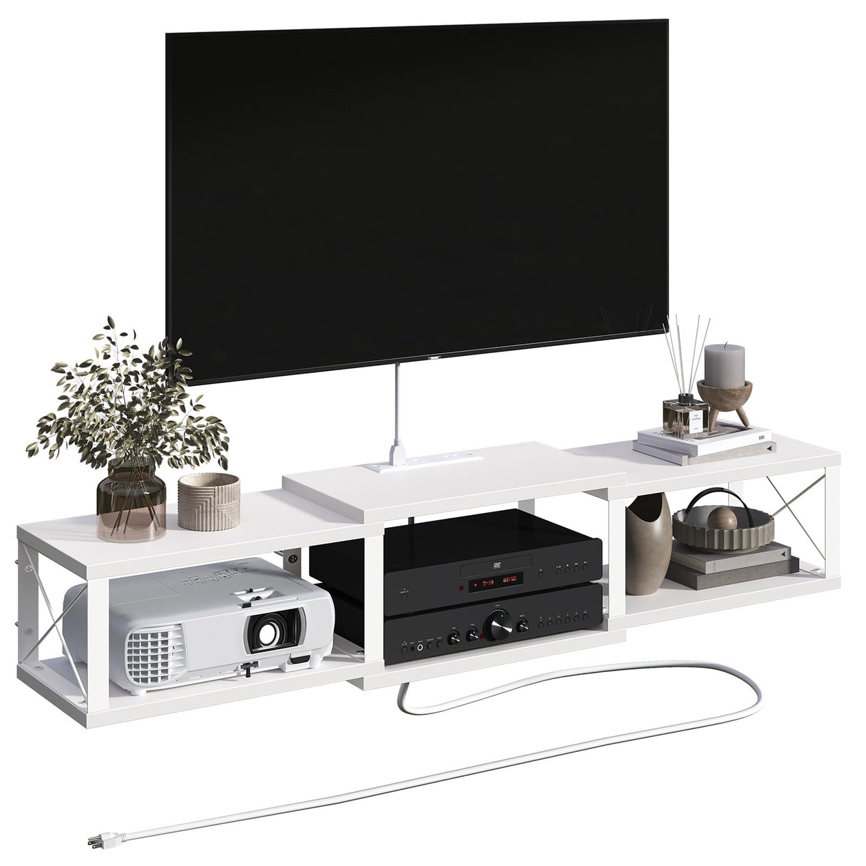 MAHANCRIS Floating TV Stand with Power Outlet, Wall-Mounted Entertainment Console Center with Storage, Floating TV Shelf for Under TV Storage, for Living Room, Bedroom, White TVBW101E01 MAHANCRIS