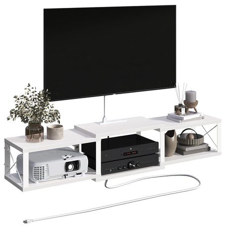 MAHANCRIS Floating TV Stand with Power Outlet, Wall-Mounted Entertainment Console Center with Storage, Floating TV Shelf for Under TV Storage, for Living Room, Bedroom, White TVBW101E01 MAHANCRIS