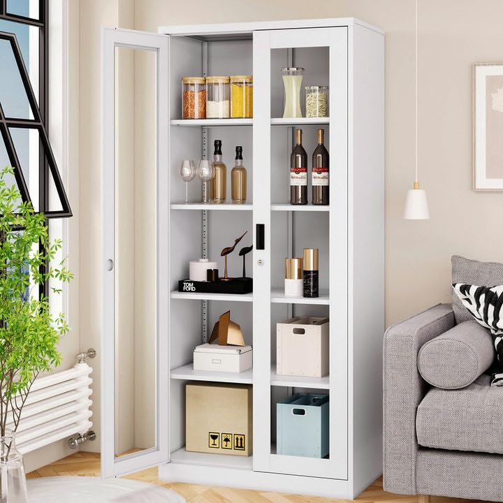 AFAIF 71" Curio Cabinet Glass Display Cabinet with 4 Adjustable Shelves, Tall Bookshelf Bookcase with Glass Doors, Lockable Metal Storage Cabinet Modern Liquor Cabinet for Home Pantry Kitchen