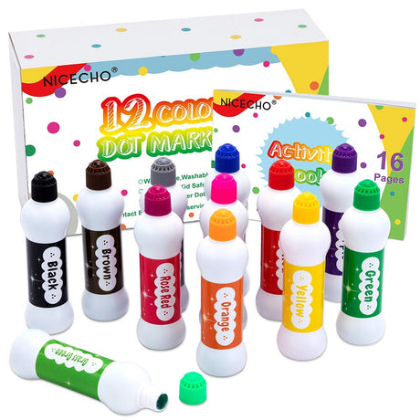 Nicecho Dot Markers Kit, 12 Colors Washable Fun Art Marker for Toddlers, Bingo Daubers for Preschool Children, Dab Paint Marker Set Coloring Supplies Including Activity Book Nicecho