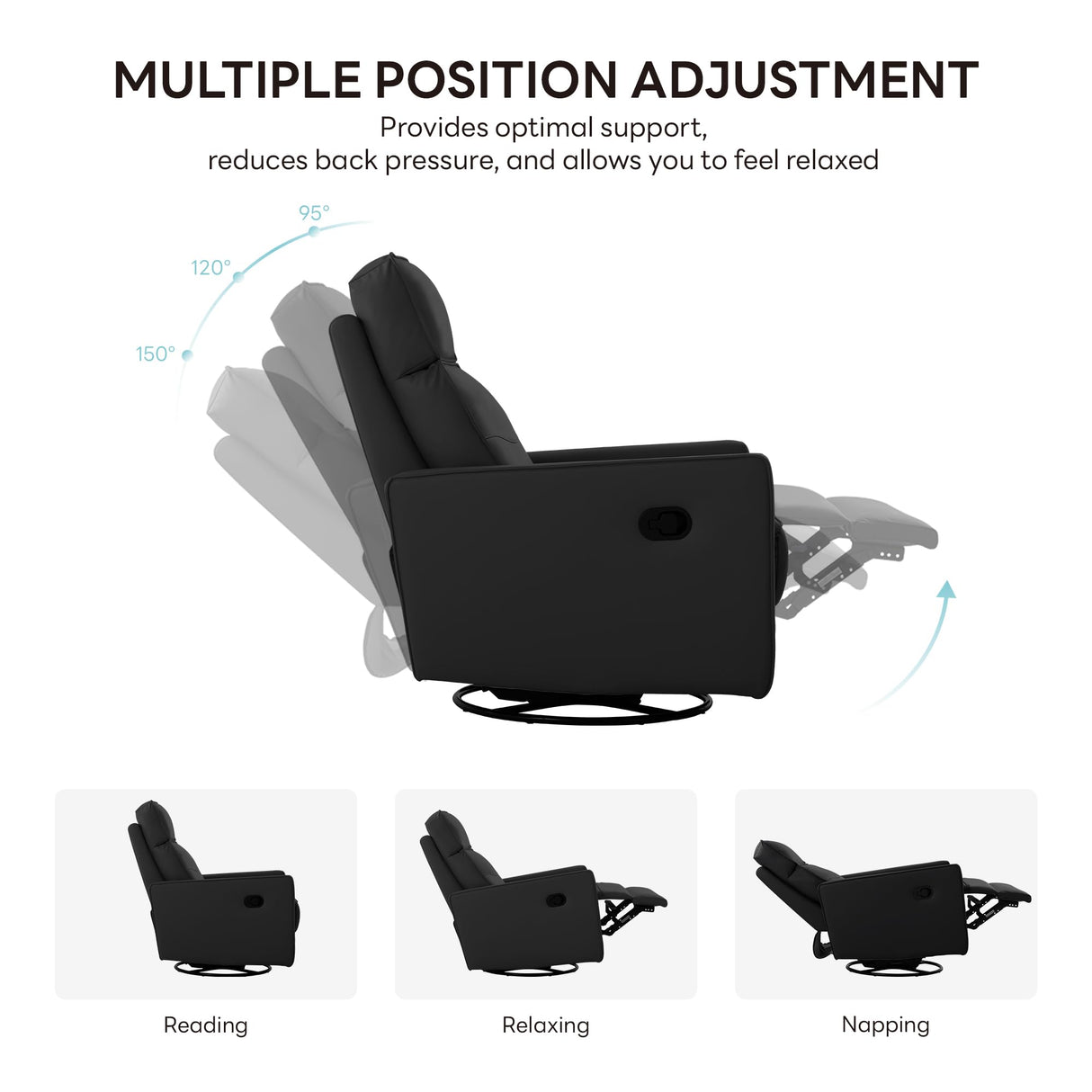 LIKIMIO Recliner Chair, 360° Swivel High-Back Faux Leather Rocking Chair with Upholstered Comfort, Single Sofa for Nursery, Living Room, Black LIKIMIO