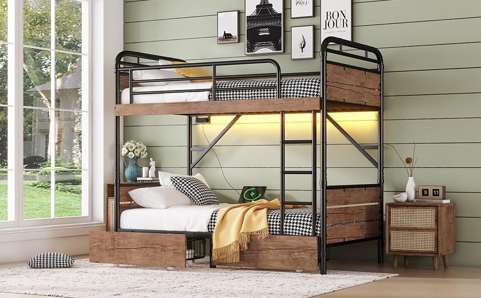 NeoTechEra Twin XL Bunk Bed for Teens - Metal Detachable Bunk Bed with LED Light, USB Charger, 2 Large Drawers, Convertible to 2 Twin XL Beds, Ideal for Small Rooms NeoTechEra