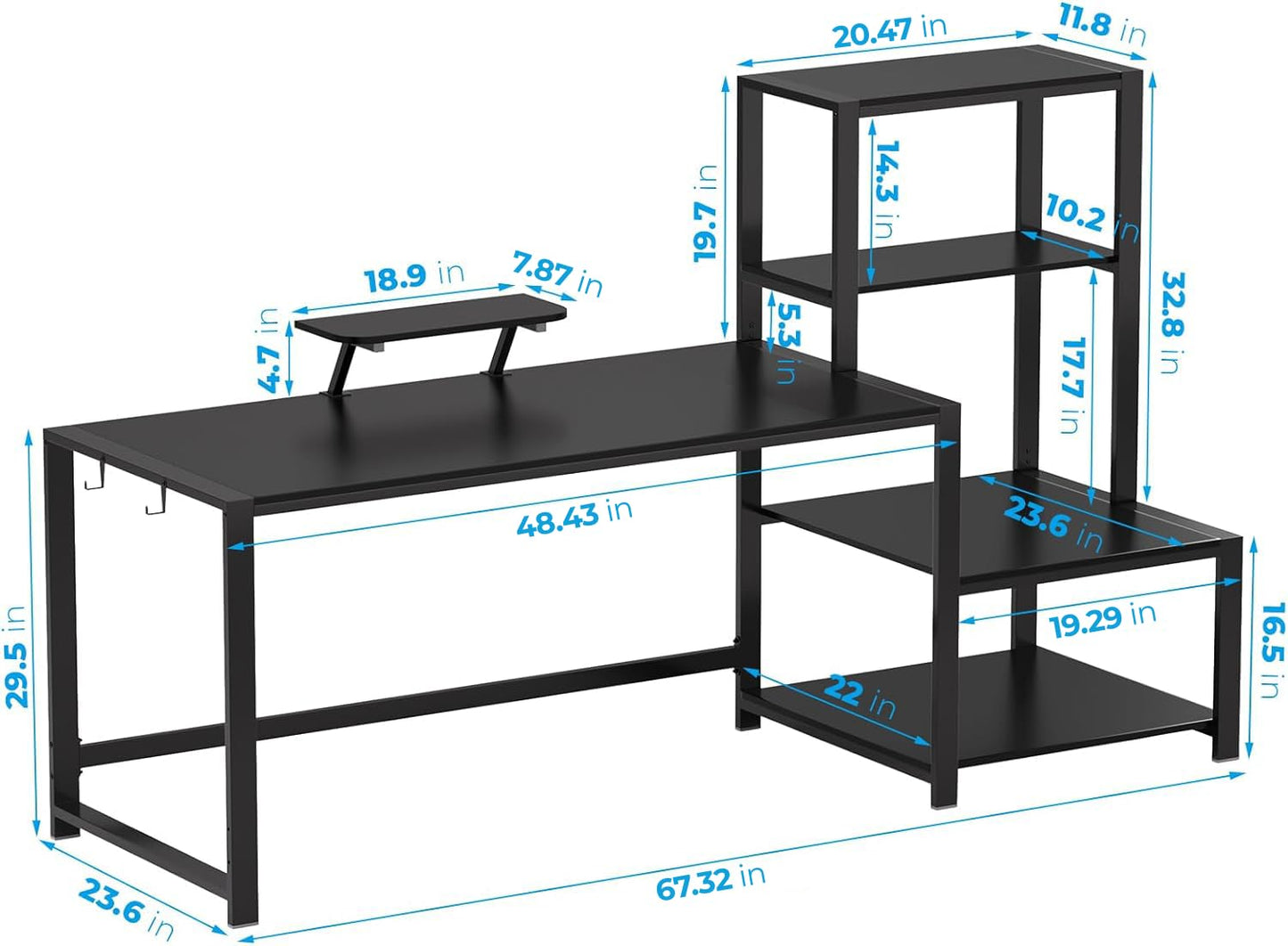 GreenForest Computer Desk 67 inch with Storage Printer Shelf, Reversible Gaming Home Office Desk Large Study Writing Table with Movable Monitor Stand and 2 Headphone Hooks for PC Working, Bla - WoodArtSupply