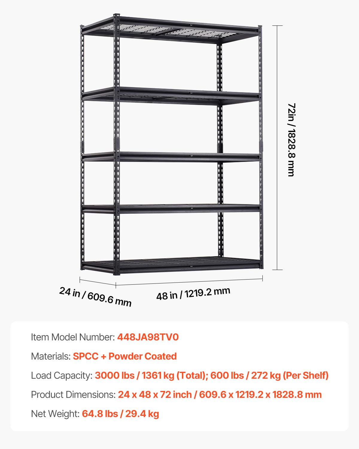 VEVOR Storage Shelves, 3000 lbs, 5 Tier Heavy Duty Garage Shelving, 24" D x 48" W x 72" H Adjustable Metal Shelves for Industrial Shelving Unit Utility Shelf, for Kitchen, Warehouse, Basement, Black VEVOR