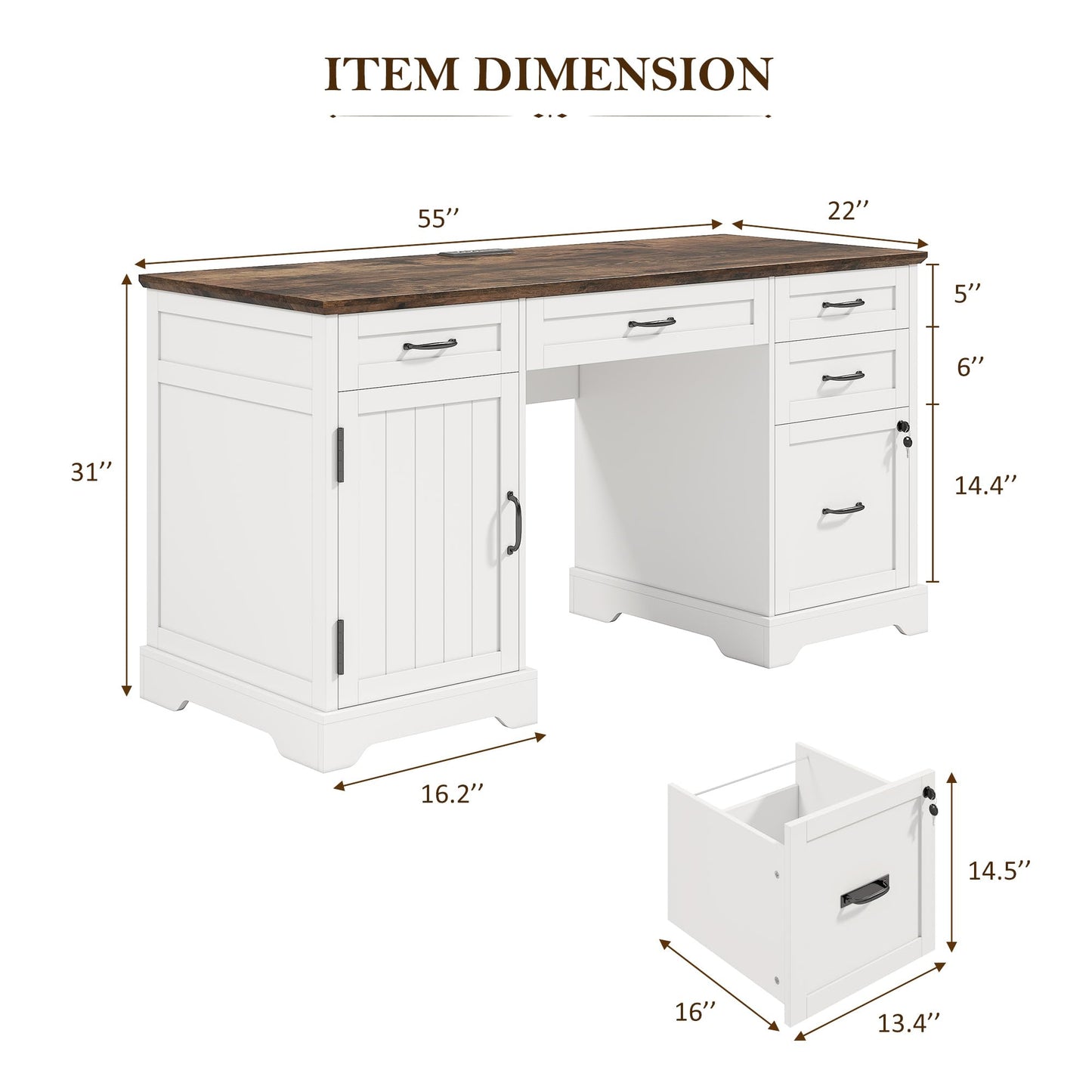 Alohappy 55'' Farmhouse Executive Desk, Home Office Desk with Drawers, Wood Computert Desk with File Cabinet and Power Outlets, White - WoodArtSupply