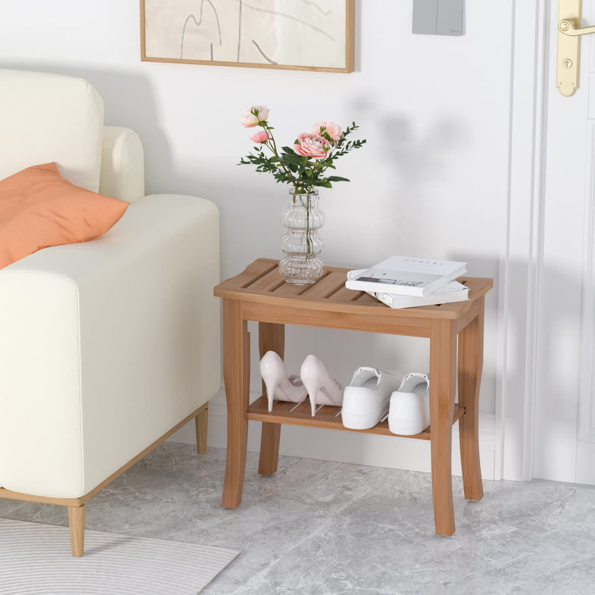 Domax Bamboo Shower Benches for Inside Shower - Bathroom Bench Seat Waterproof Wooden Shower Stool with Storage Shelf for Adults Elderly Seniors Wood Shower Chair for Bathtub or Small Spaces (Walnut) Domax