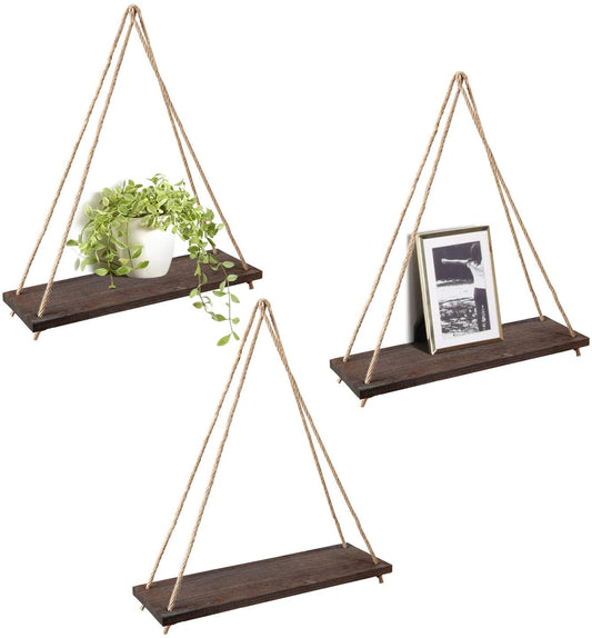 Mkono Wood Hanging Shelves for Wall Boho Decor Swing Rope Rustic Floating Shelf, Set of 3 Wall Display Shelving Home Organizer Rack for Living Room Bedroom Bathroom Kitchen,Brown