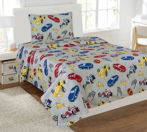 Linen Plus Sheet Set for Boys/Teens Race Cars Flags Champion Grey Yellow Red Blue Black White Flat Sheet Fitted Sheet and Pillow Cases Full Size New Linen Plus