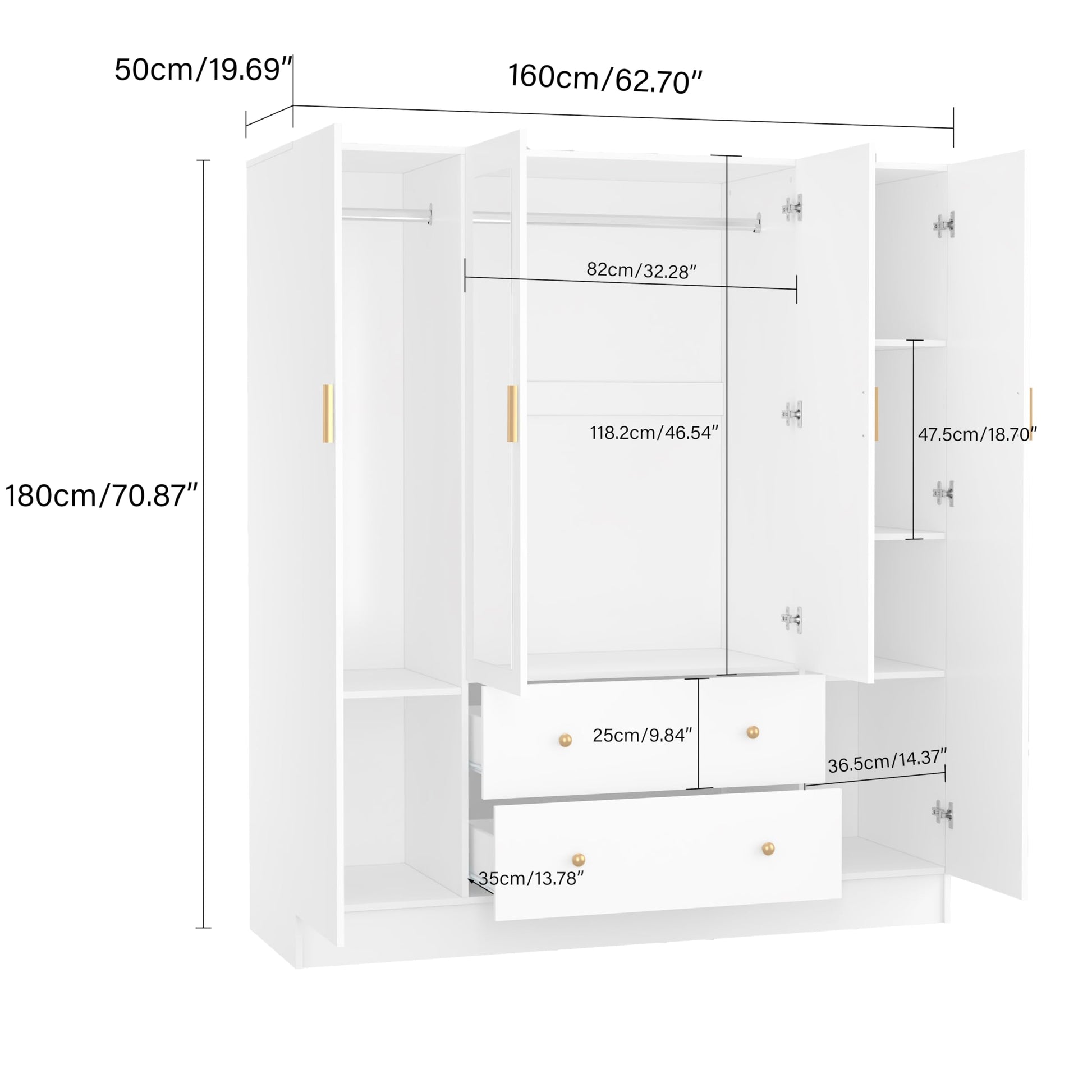 Panana Bedroom Armoires Wardrobe Closet with 4 Doors 2 Drawers and Mirror, Large Shelves Hanging Rods for Bedroom, 62.7" W x 19.7" D x 70.8" H - WoodArtSupply