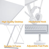 TIQLAB Gaming Desk with Power Outlets & LED 40 Inch Ergonomic Computer Carbon Fiber Surface Gamer Desk, Large Monitor Stand, Headphone Hook, PC Workstation for Bedroom, White Desk TIQLAB