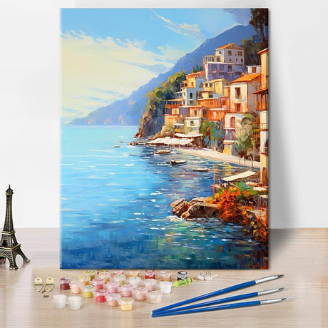 TUMOVO Italy DIY Paint by Numbers for Adults Beauty Seaside Paint by Number Mediterranean Cityscape Acrylic Paint by Numbers Kits on Canvas Amalfi Coast Oil Painting for Adults 16"x20"(Frameless) TUMOVO
