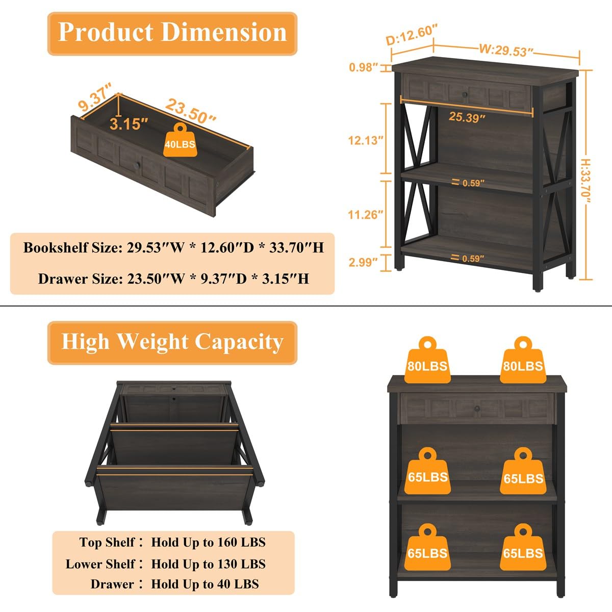 FATORRI Rustic Bookshelf with Drawer, Industrial Wood and Metal Bookcase, Small Book Shelf and Low Book case for Small Space (Walnut Brown) FATORRI
