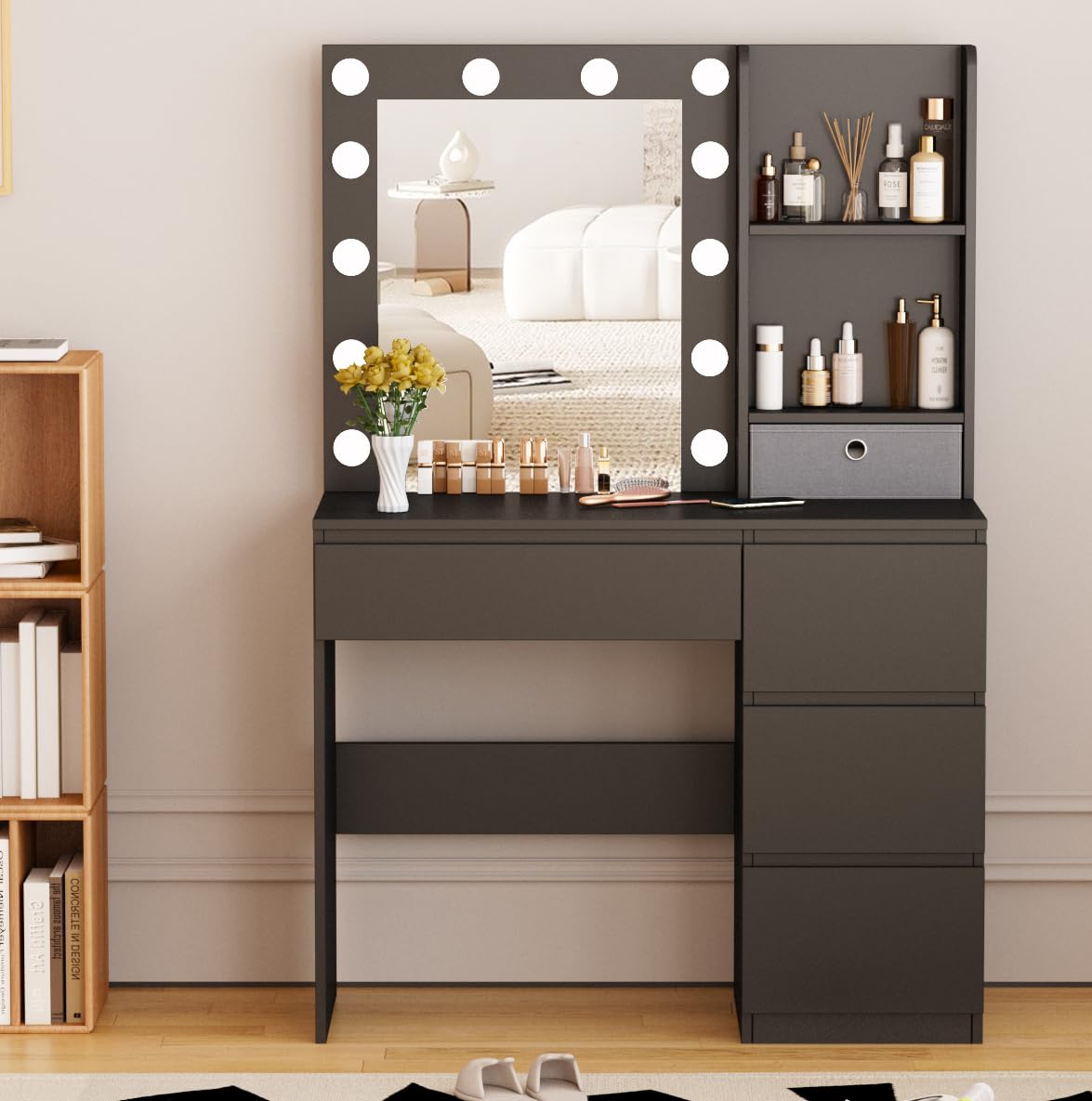 Vabches Makeup Vanity with Lights, 37inch Vanity Desk, 4 Large Drawers Dresser with Lighted Mirror, 3 Lighting Modes Brightness Adjustable, Black Vabches