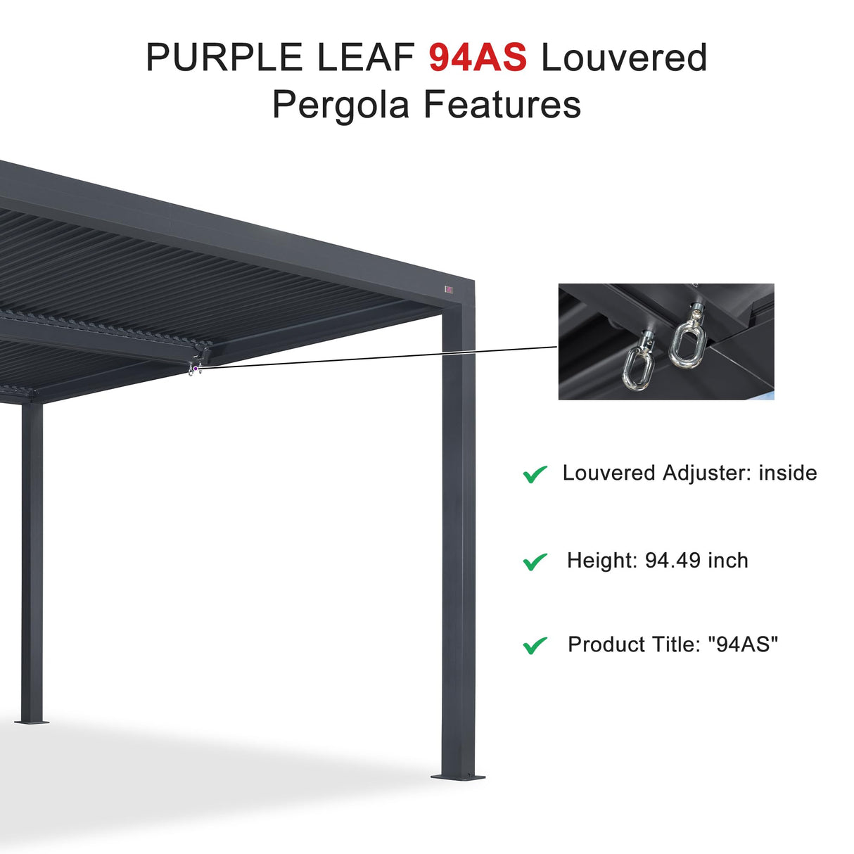 PURPLE LEAF Louvered Pergola Accessory 94AS Aluminum Louver Grille for Optimal Privacy, Sunlight Control Four Panels a Complete 13' Side Fixed Shutter Wall, Pergola Not Included PURPLE LEAF