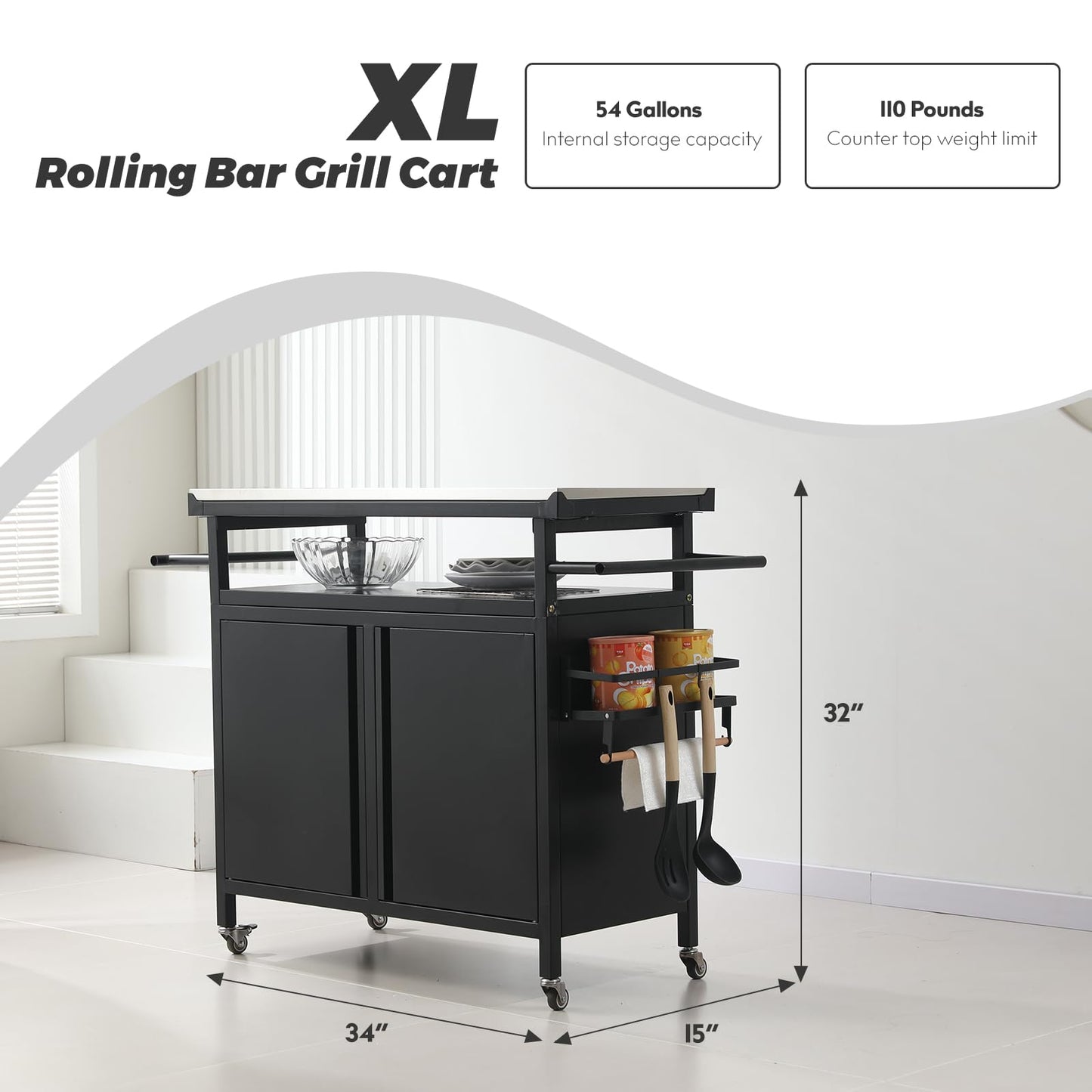 XL Rolling Bar Grill Cart Outdoor Patio Furniture, Outdoor Grill Table with Stainless Steel Top for Kitchen Prep and Outdoor Storage Cabinet for Grilling Accessories, Black